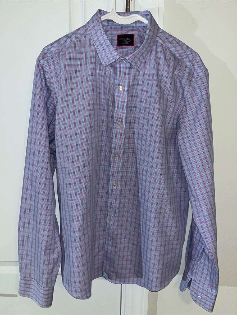 UNTUCKit button down Pink Blue Plaid Check Dress Work Shirt 100% Cotton L Slim